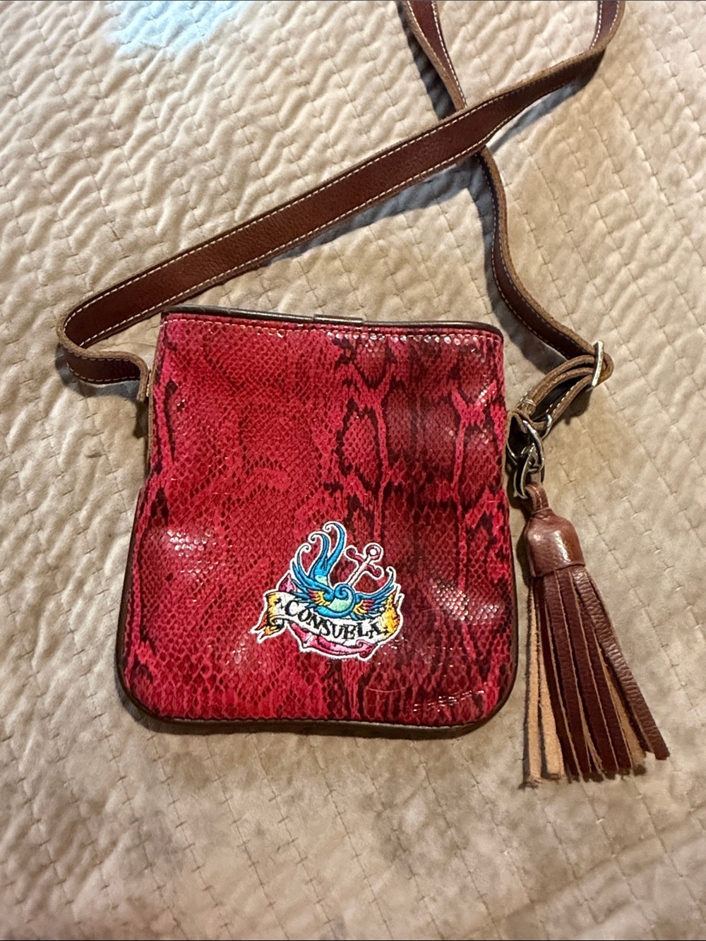 Consuela Red Snake-Print Crossbody with Colorful Floral Lining